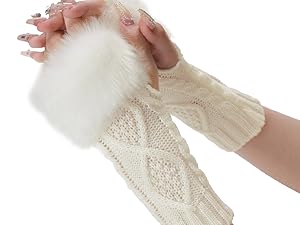 white furry fingerless gloves,white arm warmers fluffy,knitting fingerless gloves