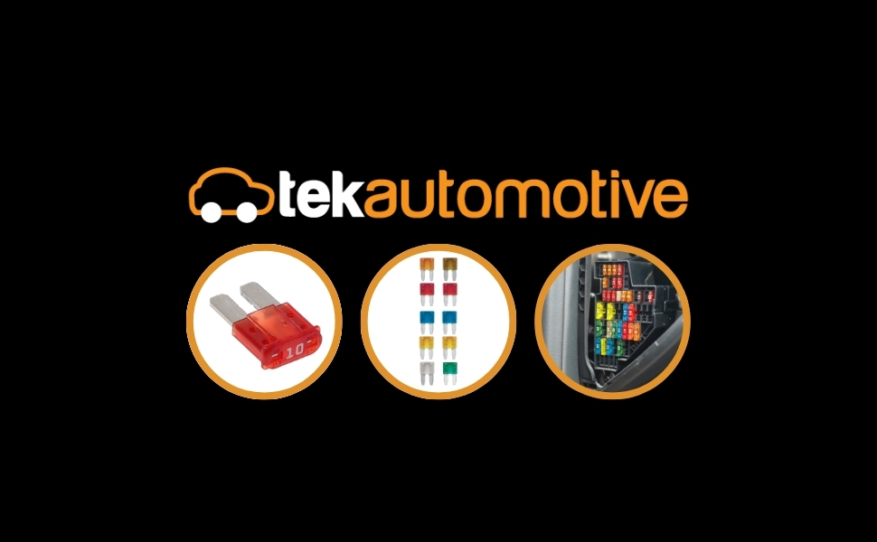Tekautomotive logo with three circular icons showing a red electrical connector, colorful fuses, and a vehicle fuse box, against a black background.