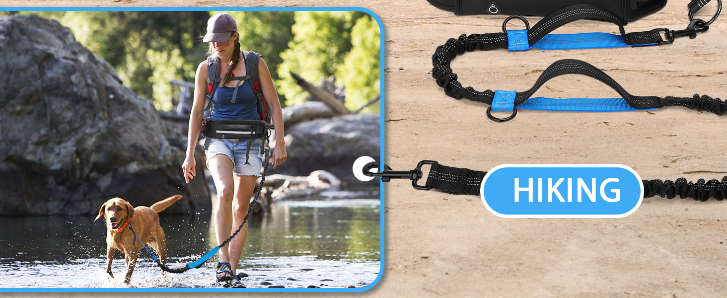 Anuncio de material de senderismo que muestra a una persona con un perro junto al agua y una correa elástica con asas azules con la etiqueta «