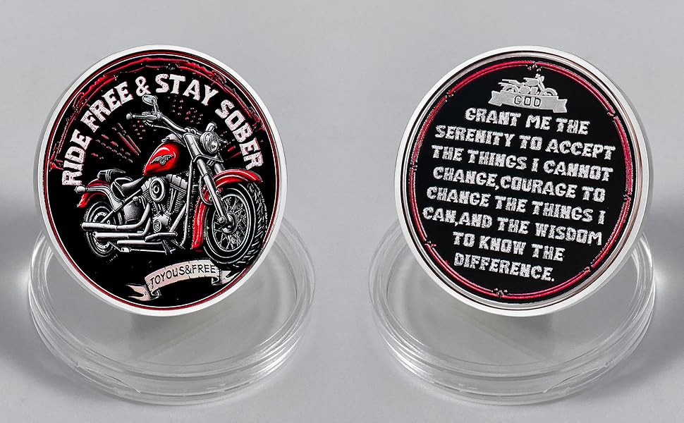 Vintage Red Motorcycle Sobriety Coin Celebrating Recovery with AA Chips and Medallions