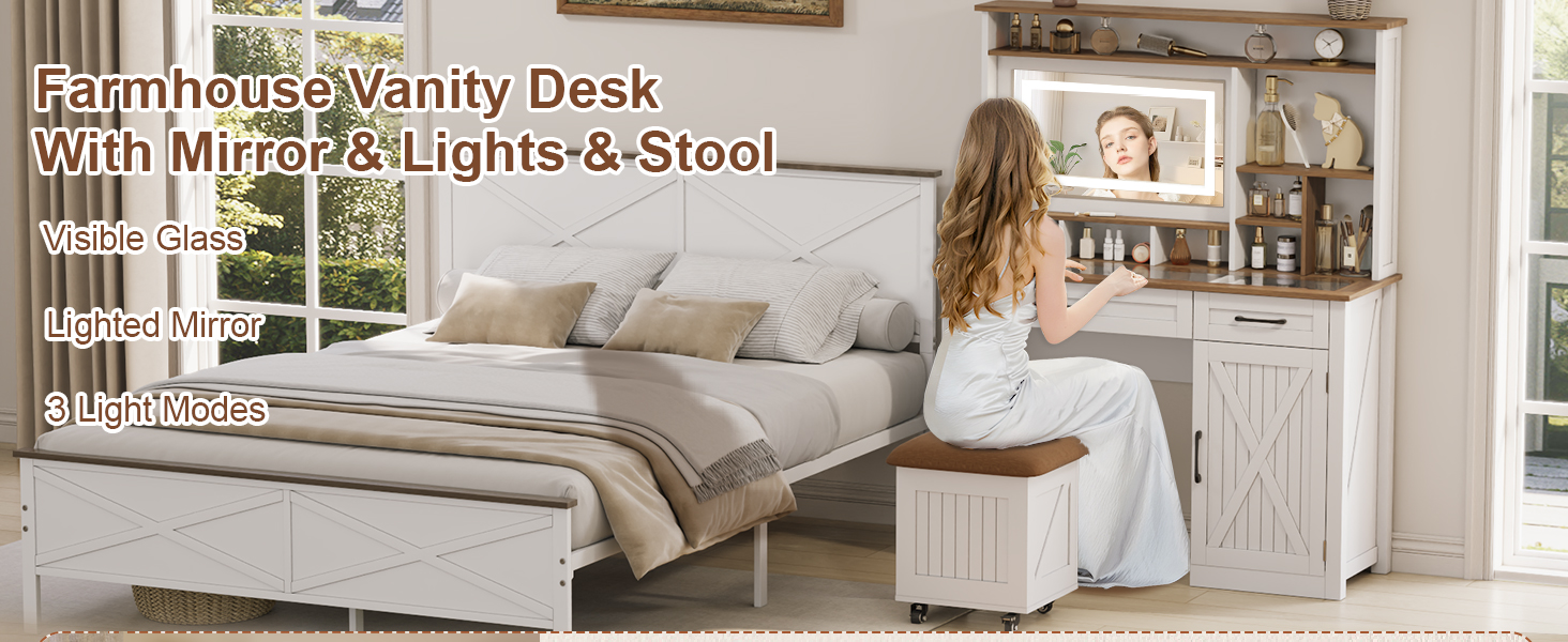 Farmhouse Makeup Vanity Desk with Mirror and Lights, 43