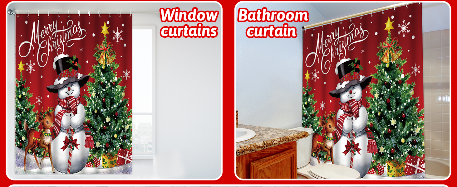 chiazllta Shower Curtain Christmas Snowman Fabric Red Xmas