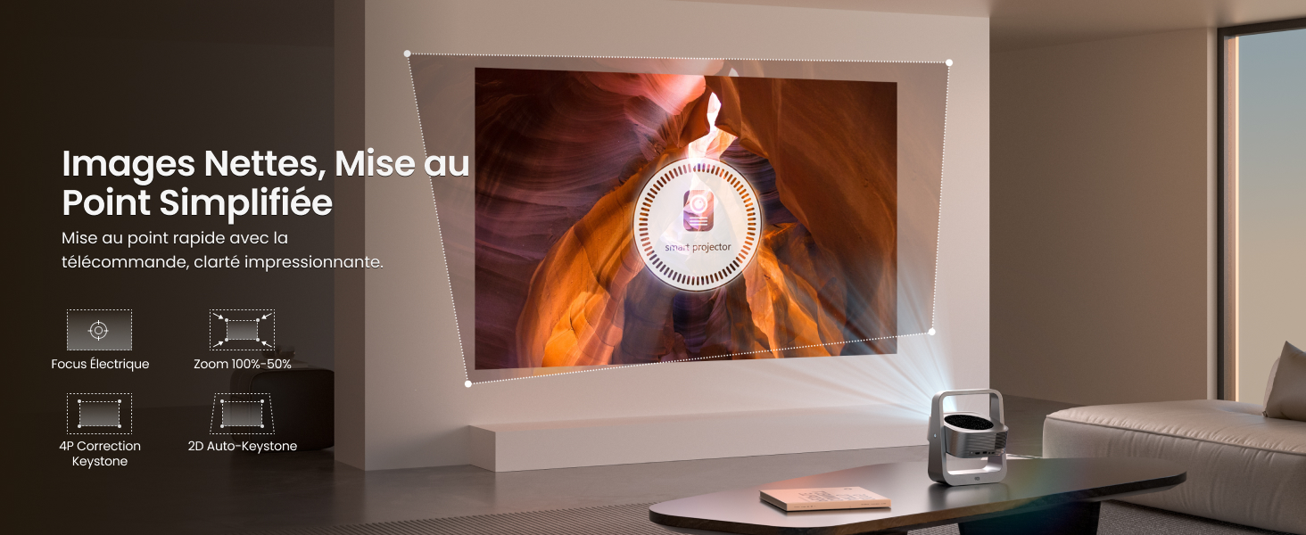 Configuration de présentation ou de projection professionnelle montrant une image teintée d'orange spectaculaire avec une superposition de texte en français