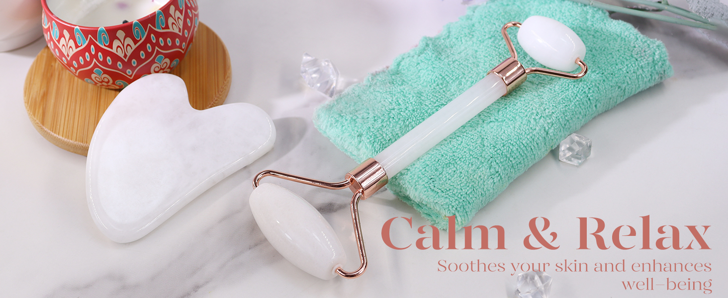 Facial massage jade roller and Gua Sha stone, suitable for at-home skin care to boost product absorption and smooth skin