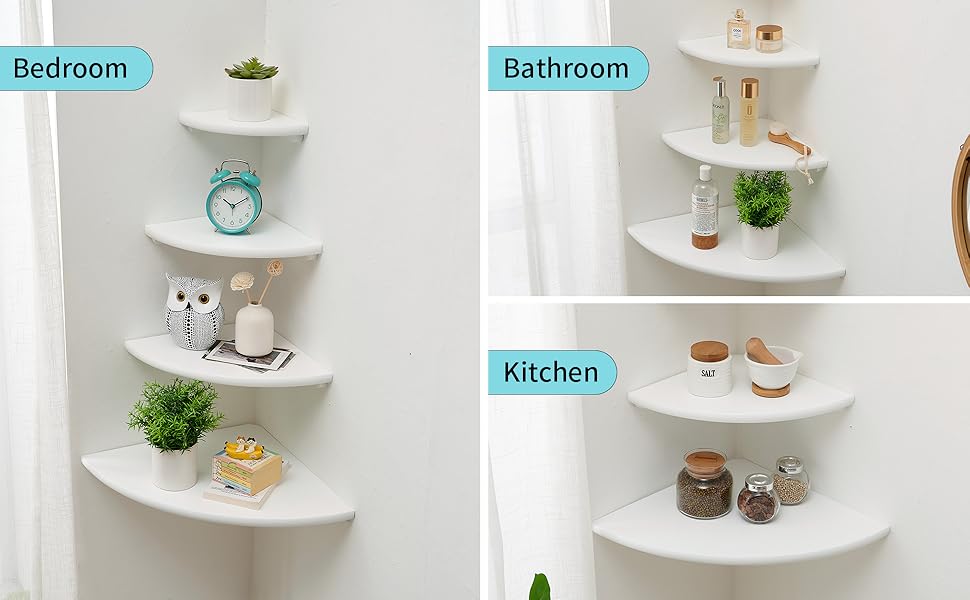 Corner Shelf, White Solid Oak Wood Floating Corner Shelf