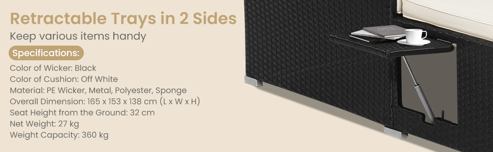 Outdoor Rattan Daybed W/Retractable Canopy