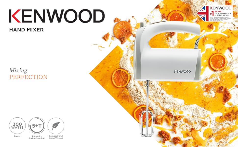 Kenwood Hand Mixer (Electric Whisk) 300W With 5 Speeds + Turbo Button, Twin Stainless Steel Kneader And Beater For Mixing, Whipping, Whisking, Kneading Hmp20.000Wh 10 Hmp20.000Wh