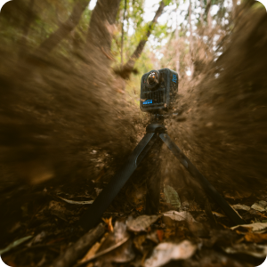 Primer plano de una cámara montada en un trípode en un entorno forestal, con efecto de movimiento borroso y hojas otoñales en el suelo. La imagen tiene una perspectiva espectacular, con rayos de luz que se filtran a través de los árboles.