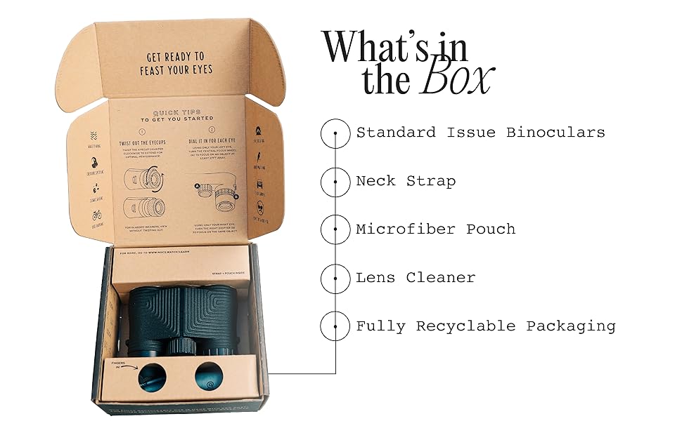What's in the Box: Standard Issue Binoculars, Neck Strap, Microfiber Pouch & lens cleaner