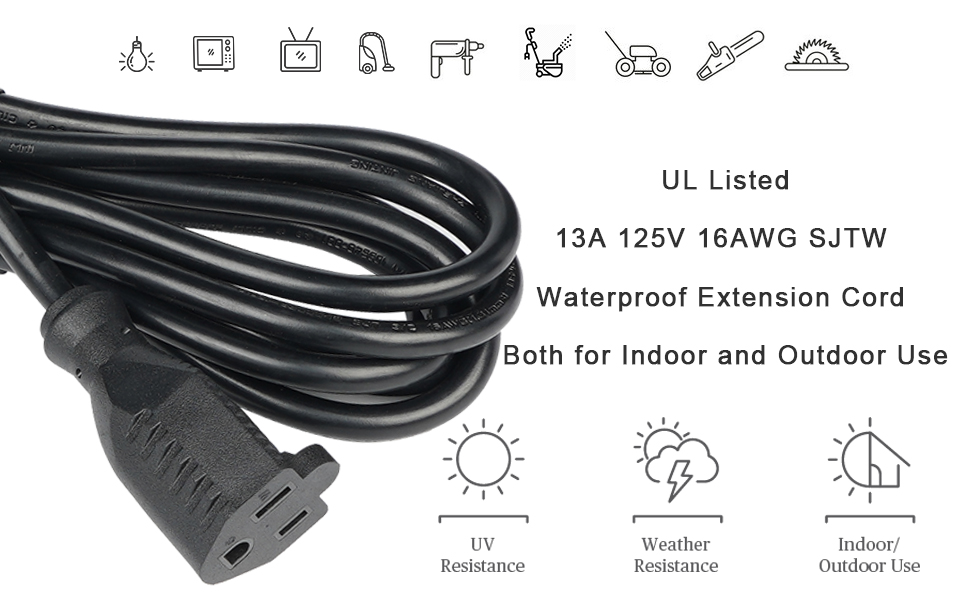 10 Ft Outdoor Extension Cord Black Heavy Duty Waterproof SJTW 16/3