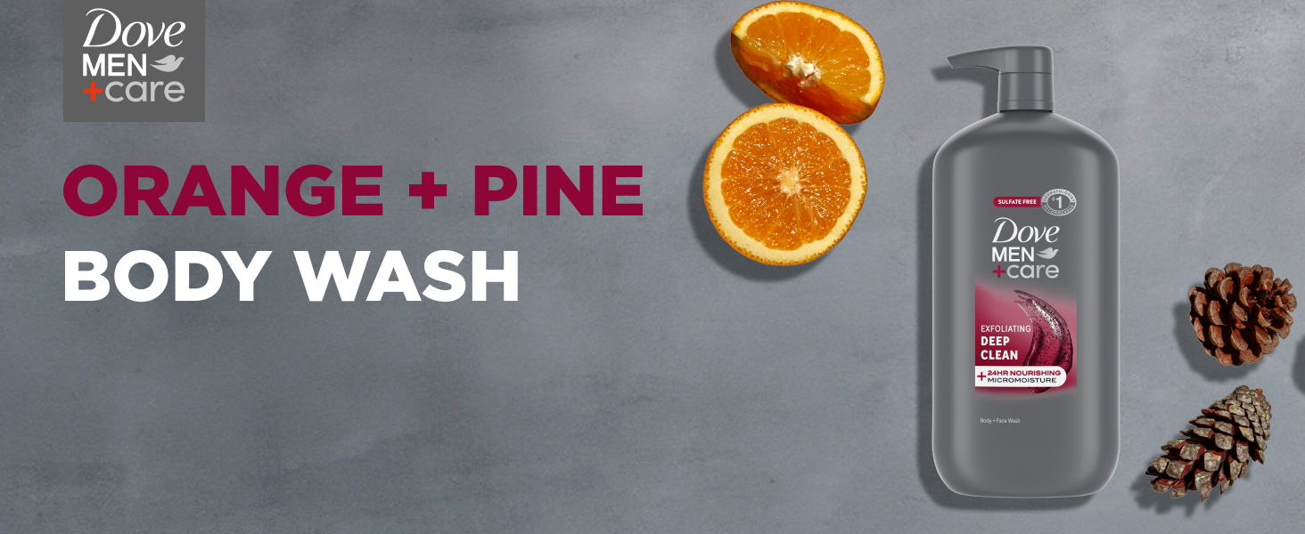 Image of Dove Men+Care ORANGE + PINE BODY WASH next to actual ingredients.
