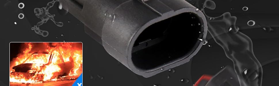 Waterproof and electrically resistant black cylindrical connector. Images show its performance in water and fire compared to inferior products.