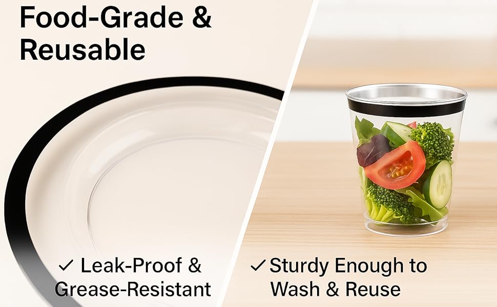 the clear and black plastic plates