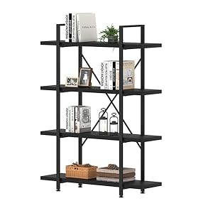 HSH 4 Tier Black Bookshelf, Industrial Metal Wood Storage Book Shelves Heavy Duty 4 Shelf