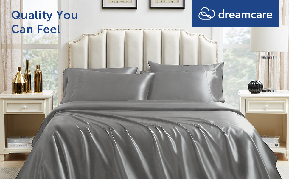 Satin Sheets King 6 Pc Satin Bed Sheets, Gray Satin