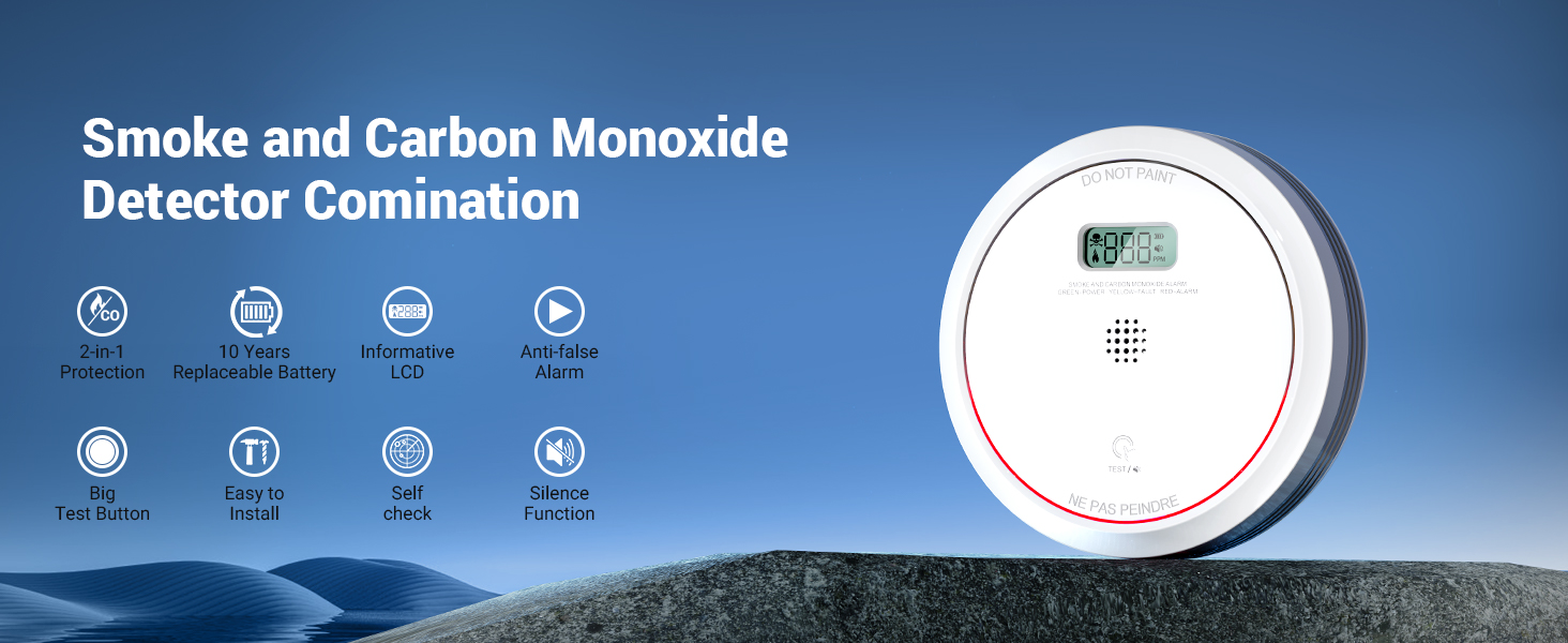 Smoke and Carbon Monoxide Detector Combo 10 Year Battery, Dual Sensor ...