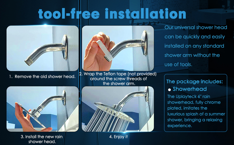 Uplayteck High Pressure Rain Shower Head 6" Rainfall Adjustable Fixed