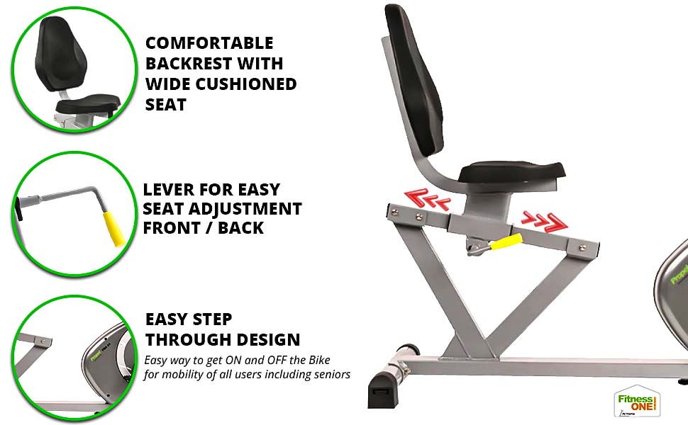 recumbent bike with back rest, step through design with low-impact workout bike for seniors