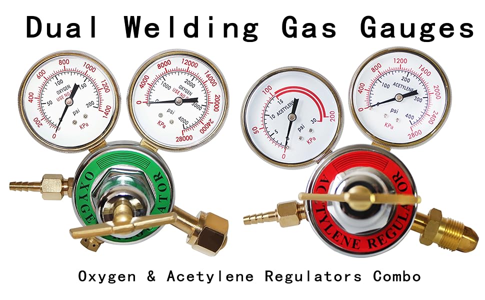 Dual Welding Gas Gauges Oxygen (CGA-540) and Acetylene (CGA-510) Regulators Combo（Two-piece suit ）