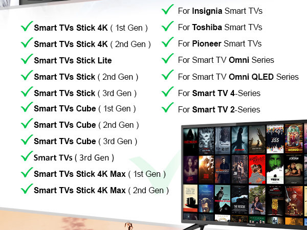 Le texte affiche la liste de compatibilité : « Pour les téléviseurs intelligents Insignia, le Smart TV Stick (1re et 2e génération), le Smart TV Cube (3e génération), le Smart TV Stick Lite, le Smart TV Stick 4K Max » et d'autres informations de compatibilité des appareils.