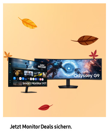 Text lautet: „Jetzt Monitor Deals sichern.“ und „Odyssee G9“. Gaming-Monitor-Werbung mit stilisierten Herbstlaub-Dekorationselementen vor orangefarbenem Hintergrund.