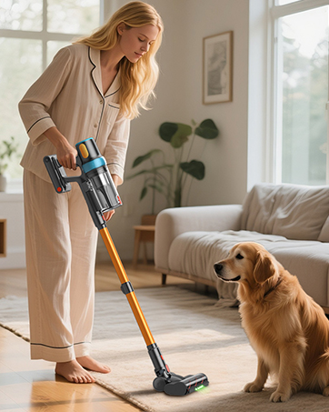 Fotoserie, die den kabellosen Staubsauger zeigt, der auf Hartholzböden in Innenräumen verwendet wird, wobei ein Golden Retriever-Hund anwesend ist