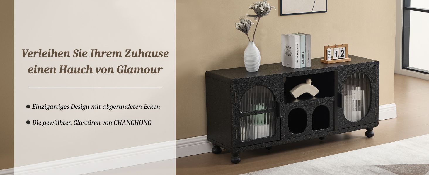 Der Text lautet „Verstellen der oberen Zubehör Glanz Blech von innen“ und ist über einem dunklen, modernen Sideboard oder Schrank an einer weißen Wand abgebildet.