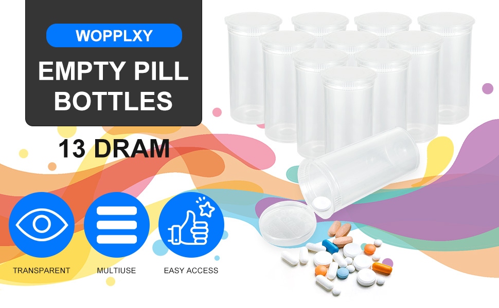 WOPPLXY 100Pcs Plastic Empty Prescription Vial, 13 Dram