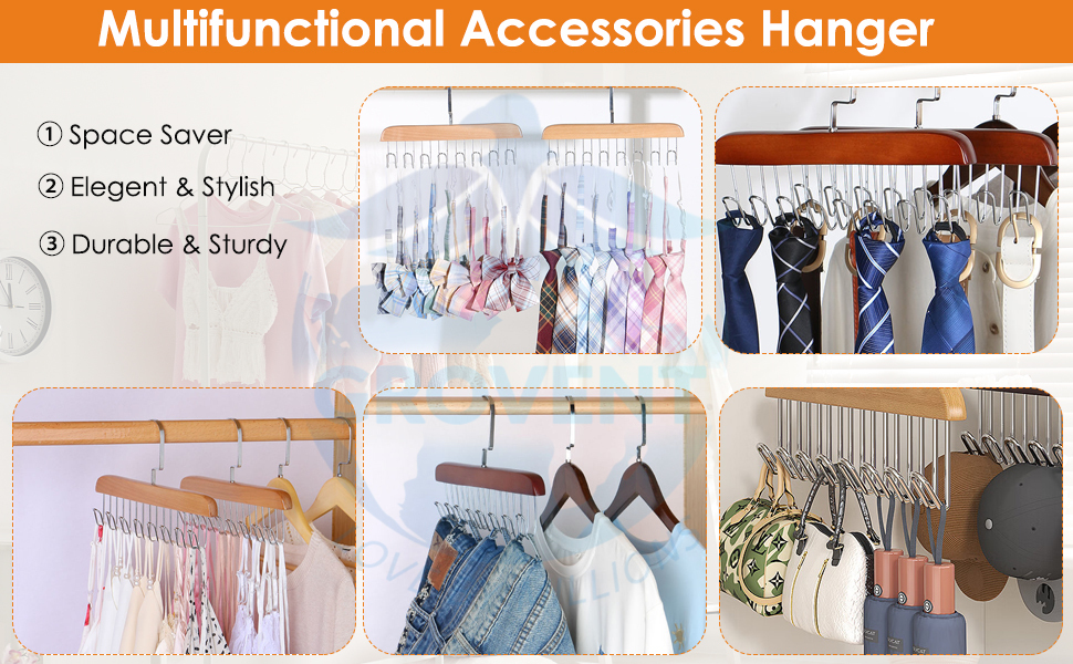 Wooden Hanger For Clothes Hanging, Hangers For Wardrobe And Cupboard, 8 Hook Adjustable Clothes Hanger For Lingerie, Belt, Scarf, Tie, Garments And Accessories (1 Pcs) 4 storage hangers