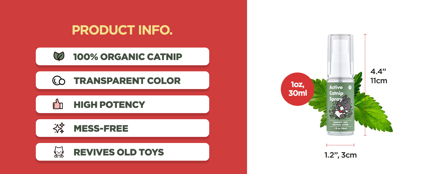 Active Catnip Spray - High Potency Transparent Liquid Spray made of Fresh Organic Catnip for Indoor Cats and Kittens, Relieves Stress, Calming, Revives Toys & Scratching Posts, Exercise (1fl oz) 24 Catnip Spray