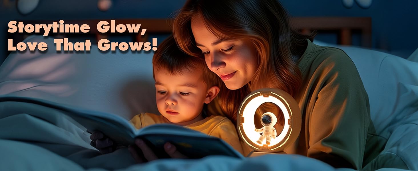Illuminated circular device with glowing icon, used during bedtime reading. Text reads 'Storytime Glow, Love That Grows!'