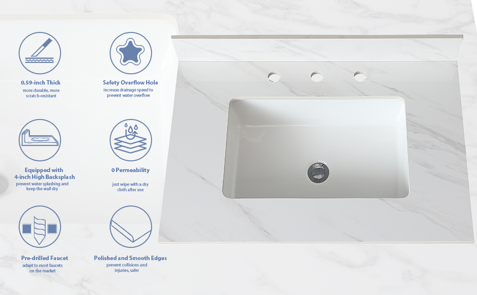 31"x 22" Engineered Marble Stone Bathroom Vanity Sink Top with