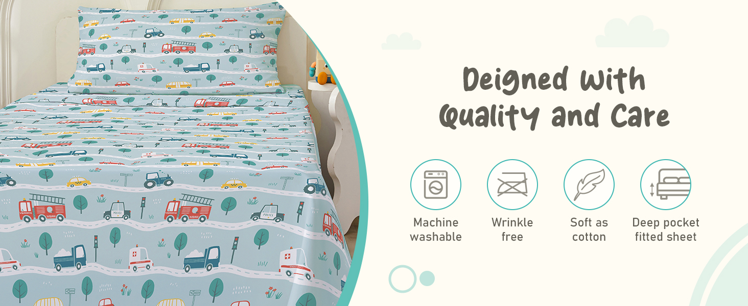 Bedmoon Boys Full Sheets, Kids Car Truck Bed Sheet Set with