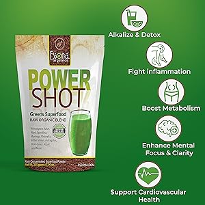 power Shot greens superfood blend alkalizes, gives energy