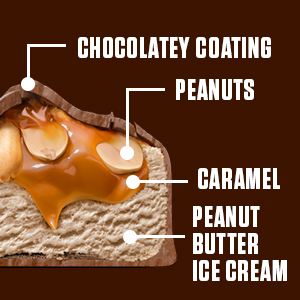 chocolatey coating with layers of peanuts, caramel, and peanut butter ice cream