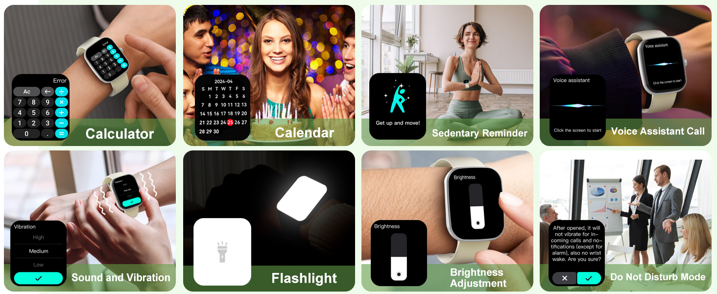 어두운 배경에서 계산기, 달력, 손전등, 건강 모니터링 기능 등 다양한 기능을 보여주는 스마트워치 인터페이스 스크린샷의 메쉬 디스플레이입니다.