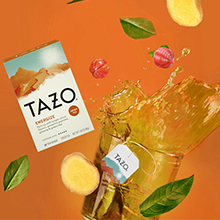 Tazo Energize Package with tea splash and ingredients