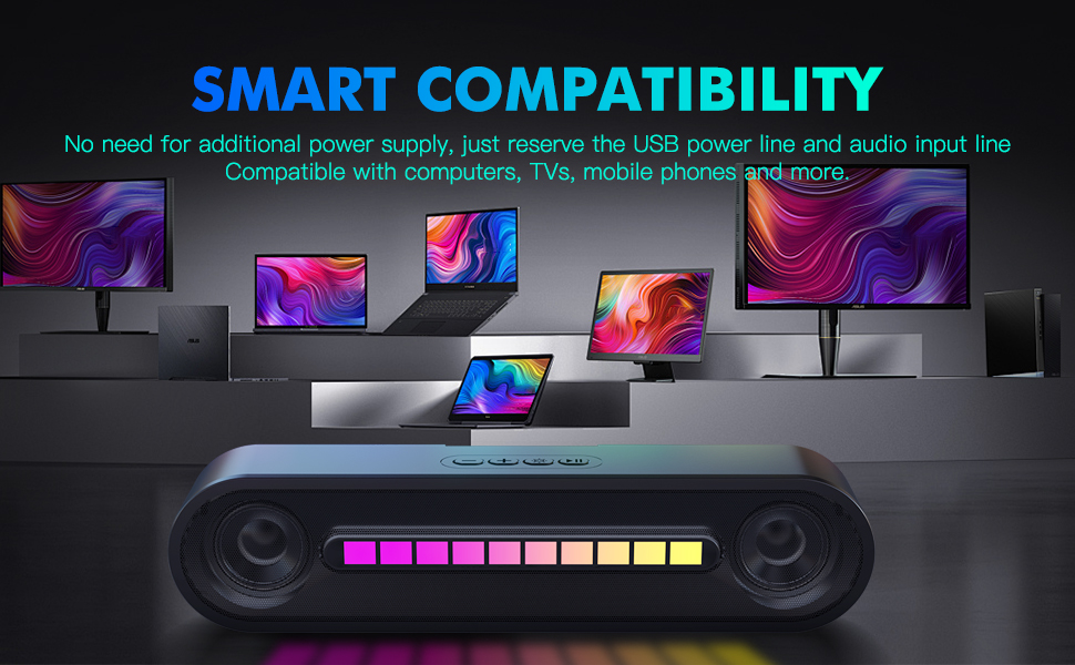 Soundbar with colorful LED display, showcasing compatibility with various devices including computers, laptops, TVs, and mobile phones. Features USB power and audio input connectivity.
