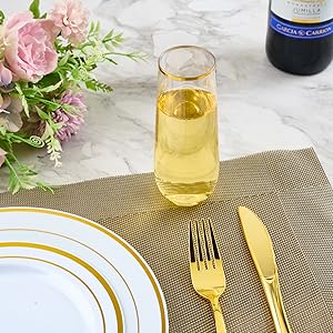 Plastic Champagne Flutes | Stemless Plastic Champagne Glasses Gold Rim