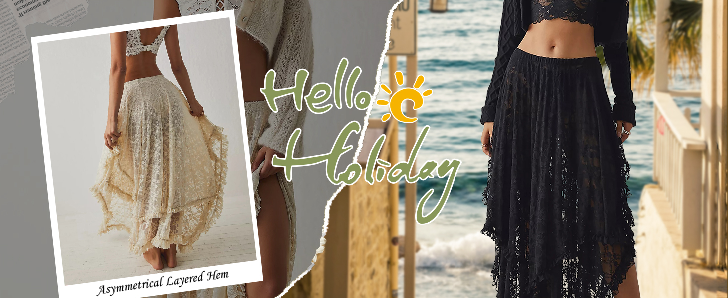 Women Summer Elastic Asymmetrical Layered Hem Sexy See-Through Beach Floral Maxi Skirts 