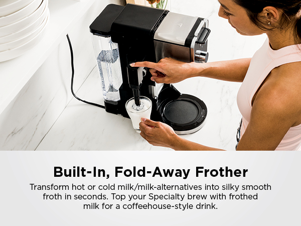 Built-In, Fold-Away Frother Transform hot or cold milk/milkfrothed milk for a coffeehouse-style