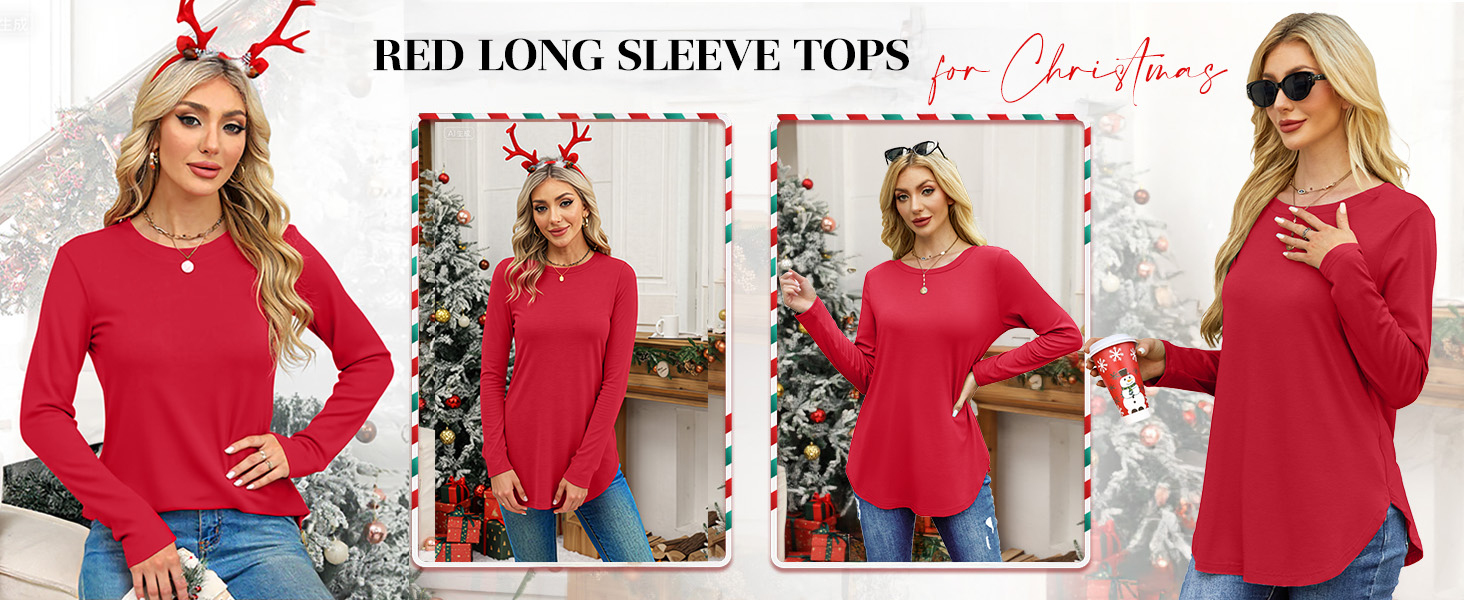 christmas shirts for women 2025 red long sleeve shirt women red tunic tops for women