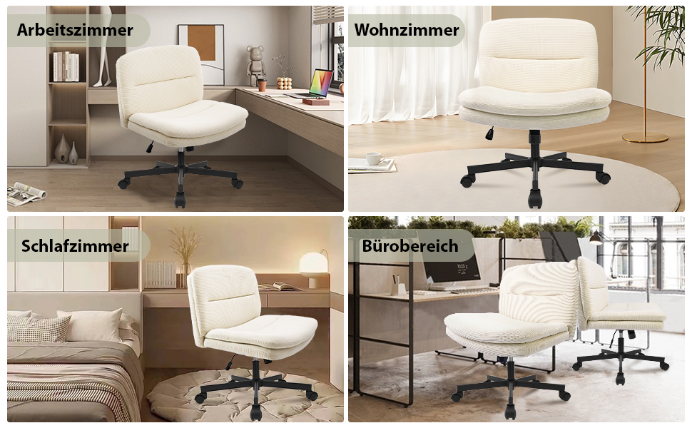 Cremefarbener Bürostuhl, der in vier verschiedenen Raumeinstellungen gezeigt wird: Arbeitszimmer, Wohnzimmer, Schlafzimmer und Bürobereich. Verfügt über einen gepolsterten Sitz und eine verstellbare Basis