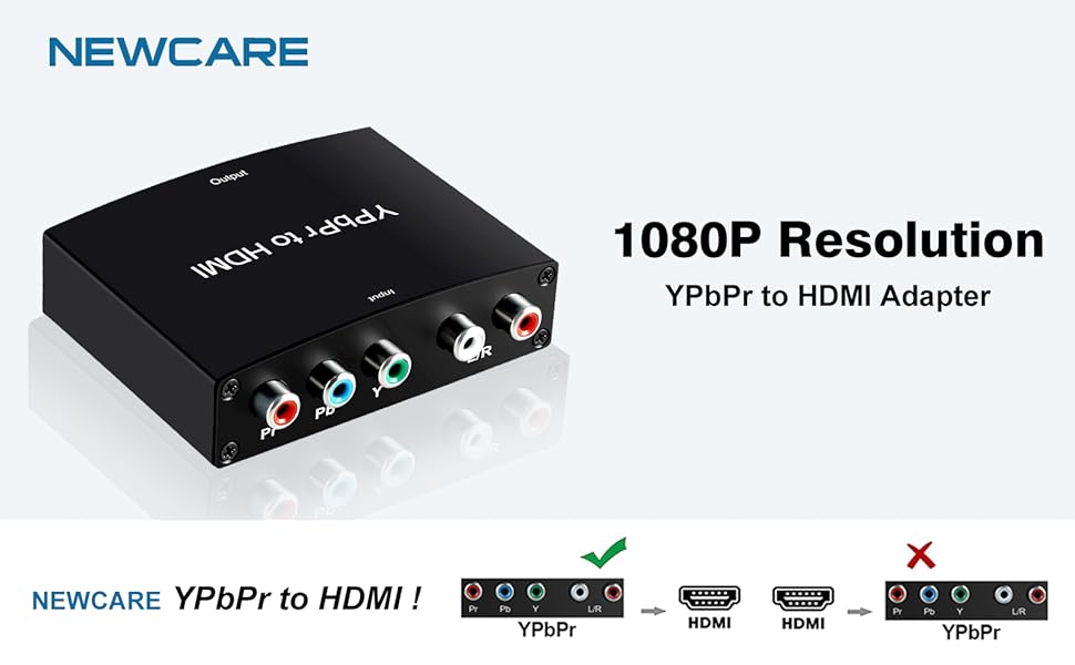 Component to HDMI Adapter, YPbPr to HDMI Converter + R/L, NEWCARE Component 5RCA RGB to HDMI