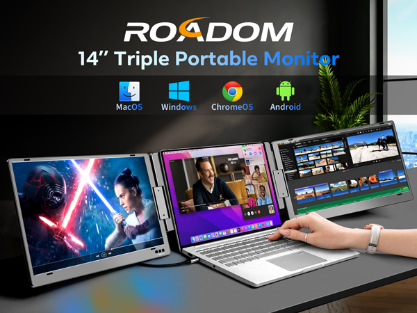 Triple Portable Monitor, ROADOM 14'' FHD 1080P HDR IPS