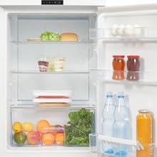 Innenansicht eines Kühlschranks mit Glasregalen, in denen verschiedene Lebensmittel wie Obst, Gemüse, Getränke und Gewürze