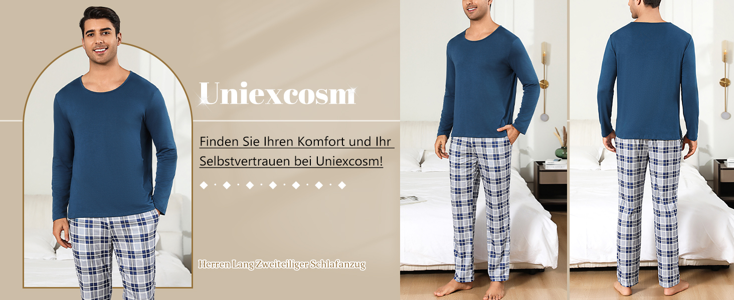 Uniexcosm Schlafanzug Herren Zweiteiliger Lang Baumwolle Pyjama Set