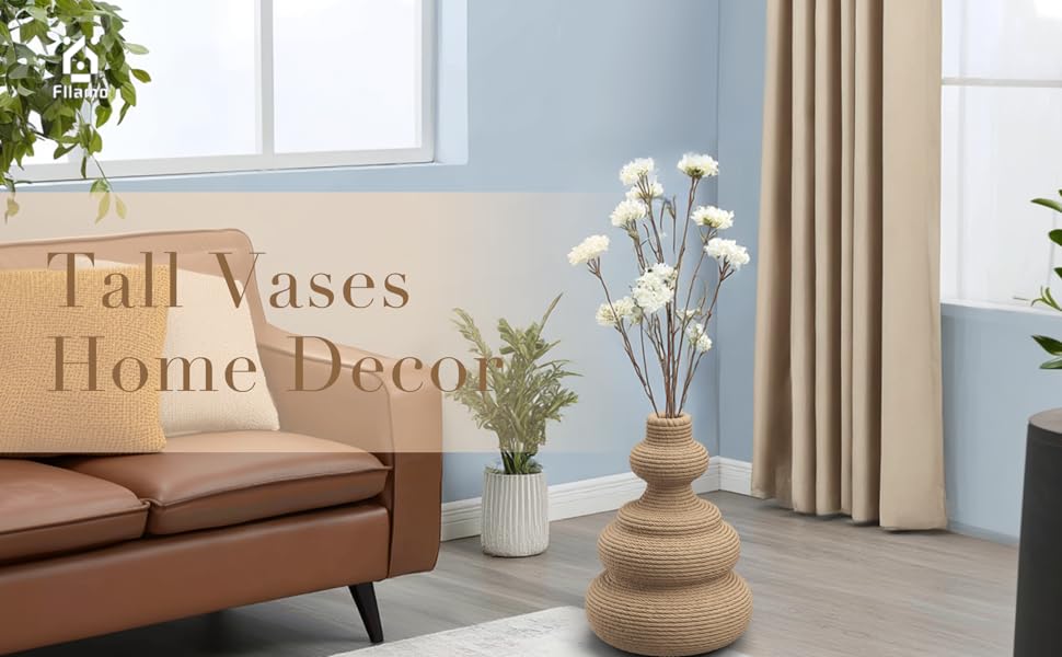 Living room corner with a flower - filled woven vase, potted plant, beige curtains radiates warmth.
