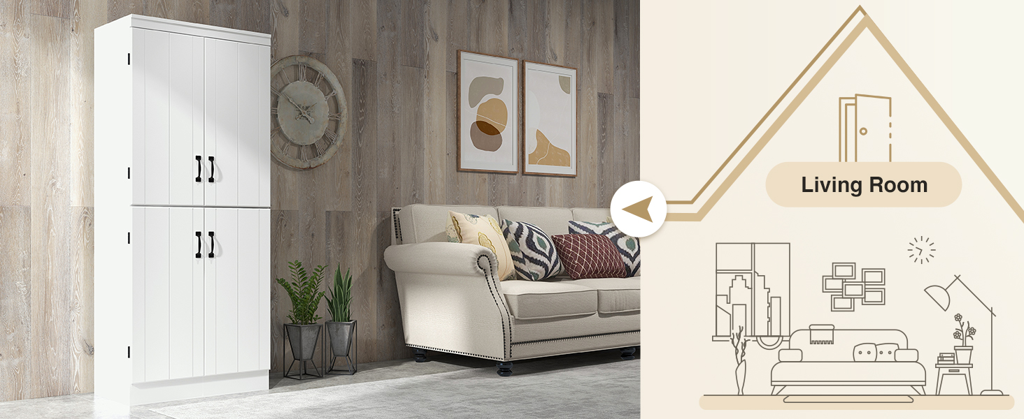 4Door Tall Kitchen Cupboard, Freestanding 6Tier Storage