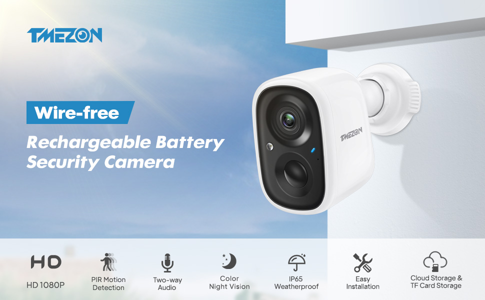 Tmezon Wireless Security Outdoor Camera, Rechargeable Battery Powered, WiFi Smart Home Security